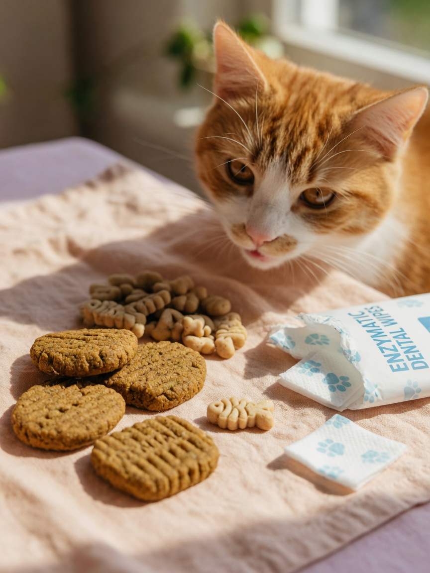 Ginger and white cat sniffing at arranged dental treats and kibble pieces on a soft surface