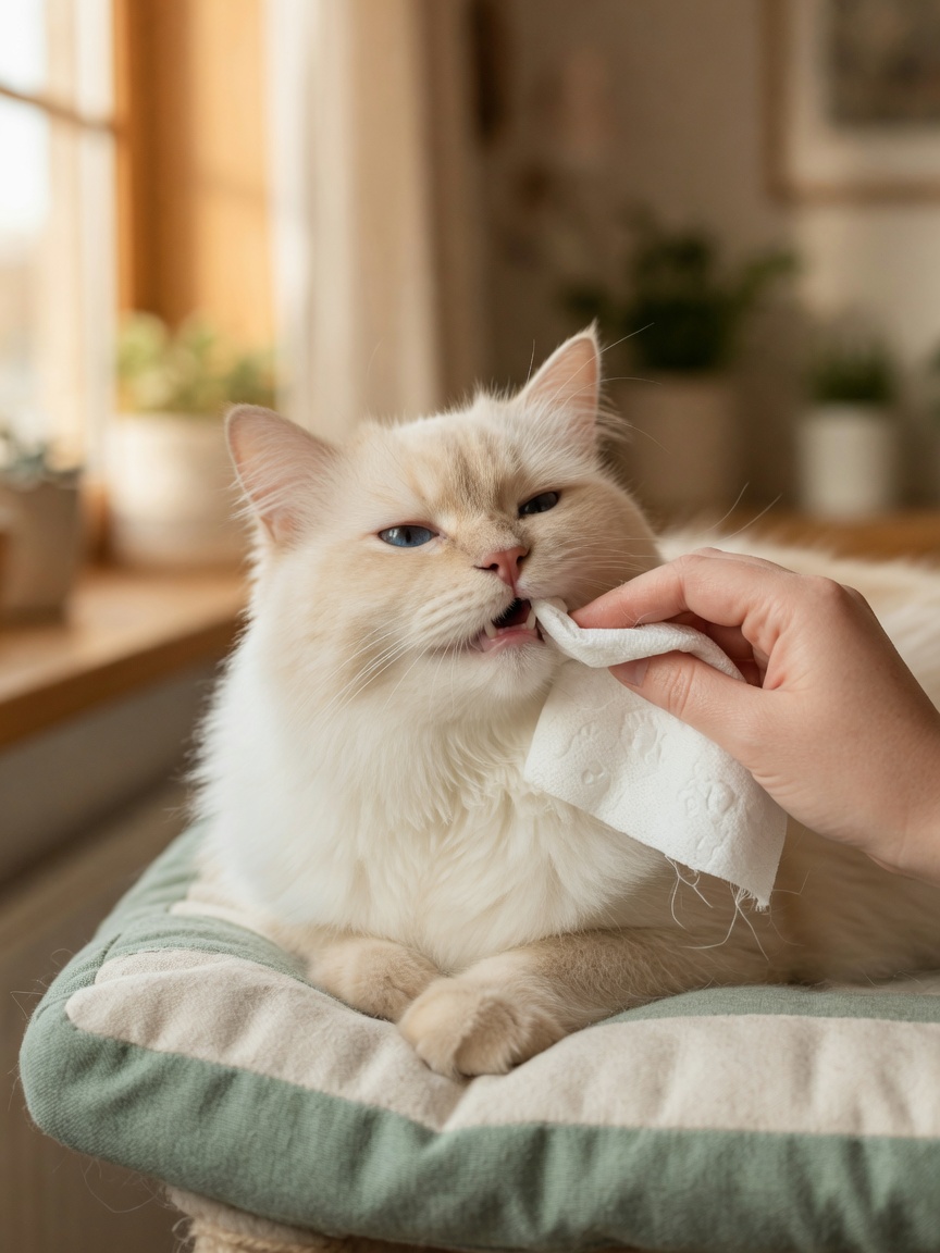 Cream-colored cat calmly allowing finger-wiping with a soft dental wipe along its teeth and gumline