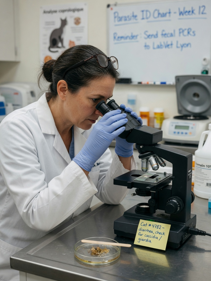 Veterinarian examining a fecal sample under a microscope to diagnose worm infections in cats