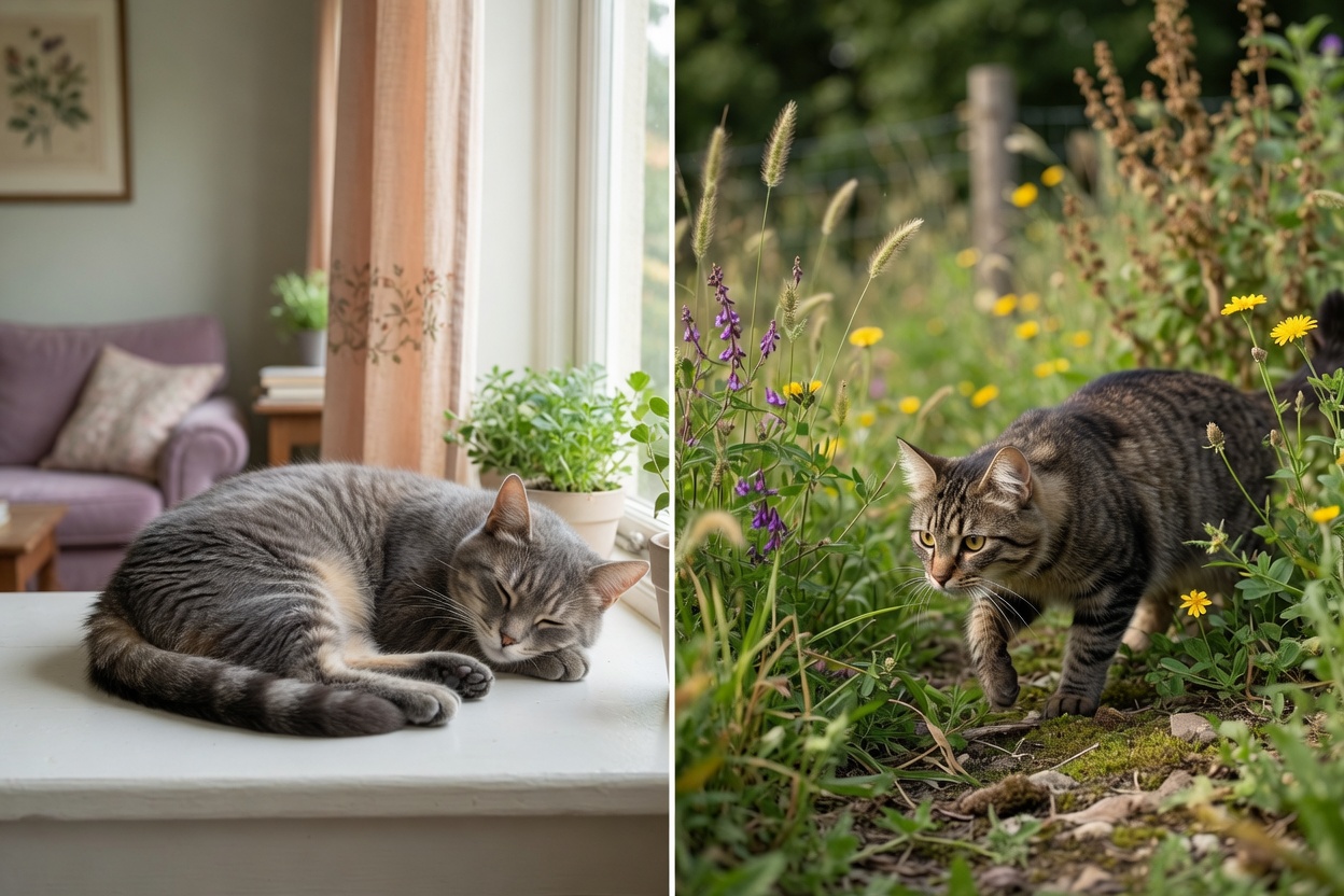 Contrast between an indoor cat resting safely indoors and an outdoor cat hunting in natural vegetation