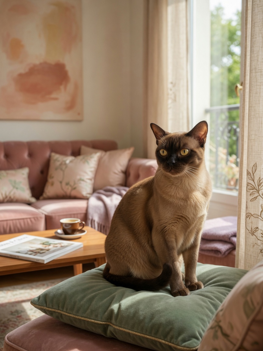 Burmese cat with sable coat and golden eyes sitting indoors, representing breed predisposition to diabetes