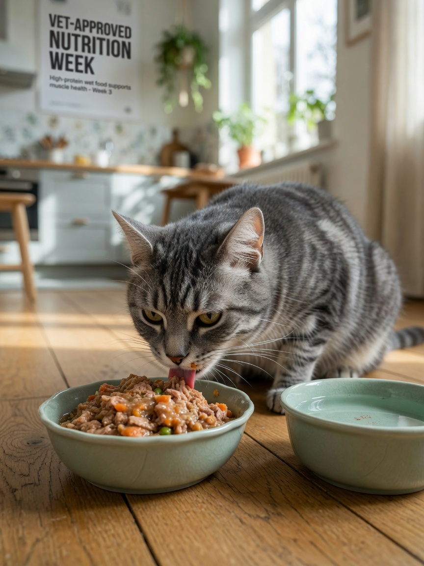 Tabby cat eating wet food from bowl, illustrating low-carbohydrate diet management for feline diabetes