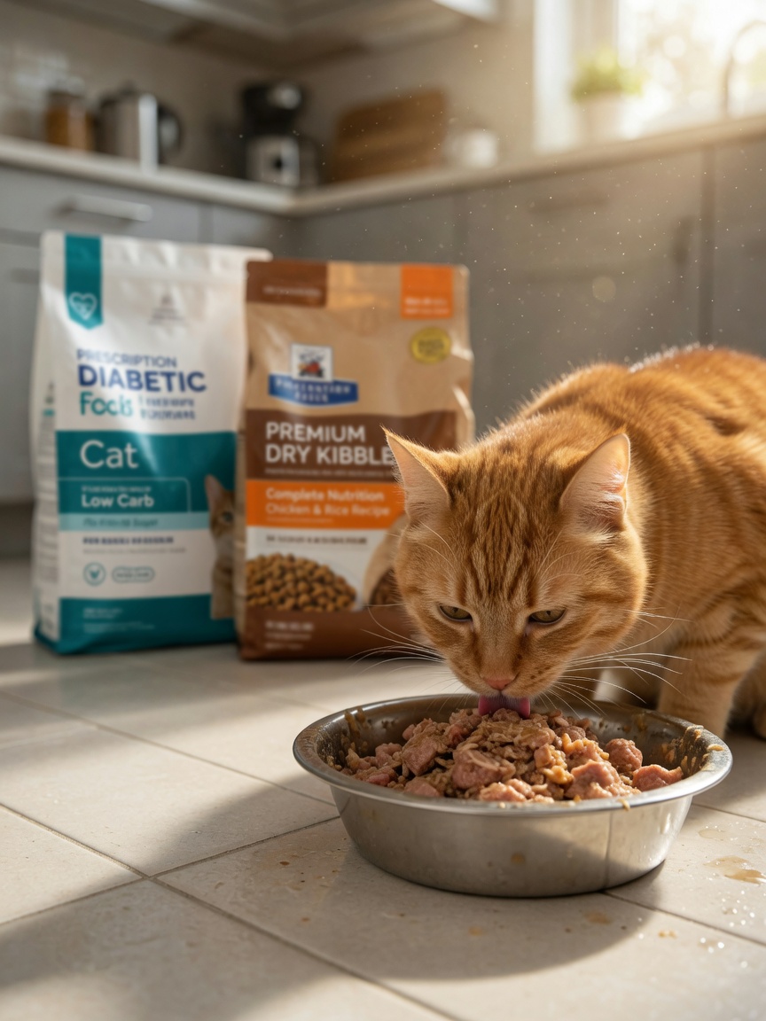 Ginger cat eating high-protein wet food from a bowl with prescription diet contrast in background
