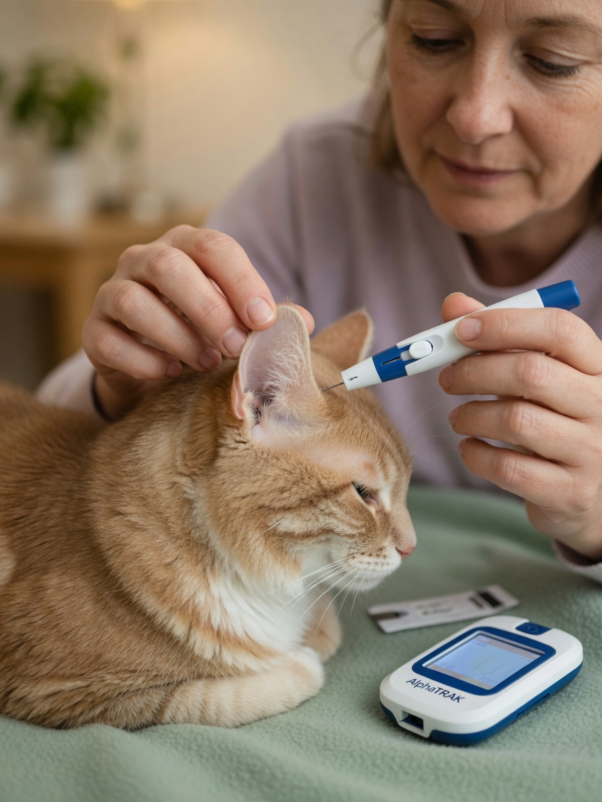 Owner performing home glucose monitoring on tabby cat's ear with AlphaTRAK glucometer nearby
