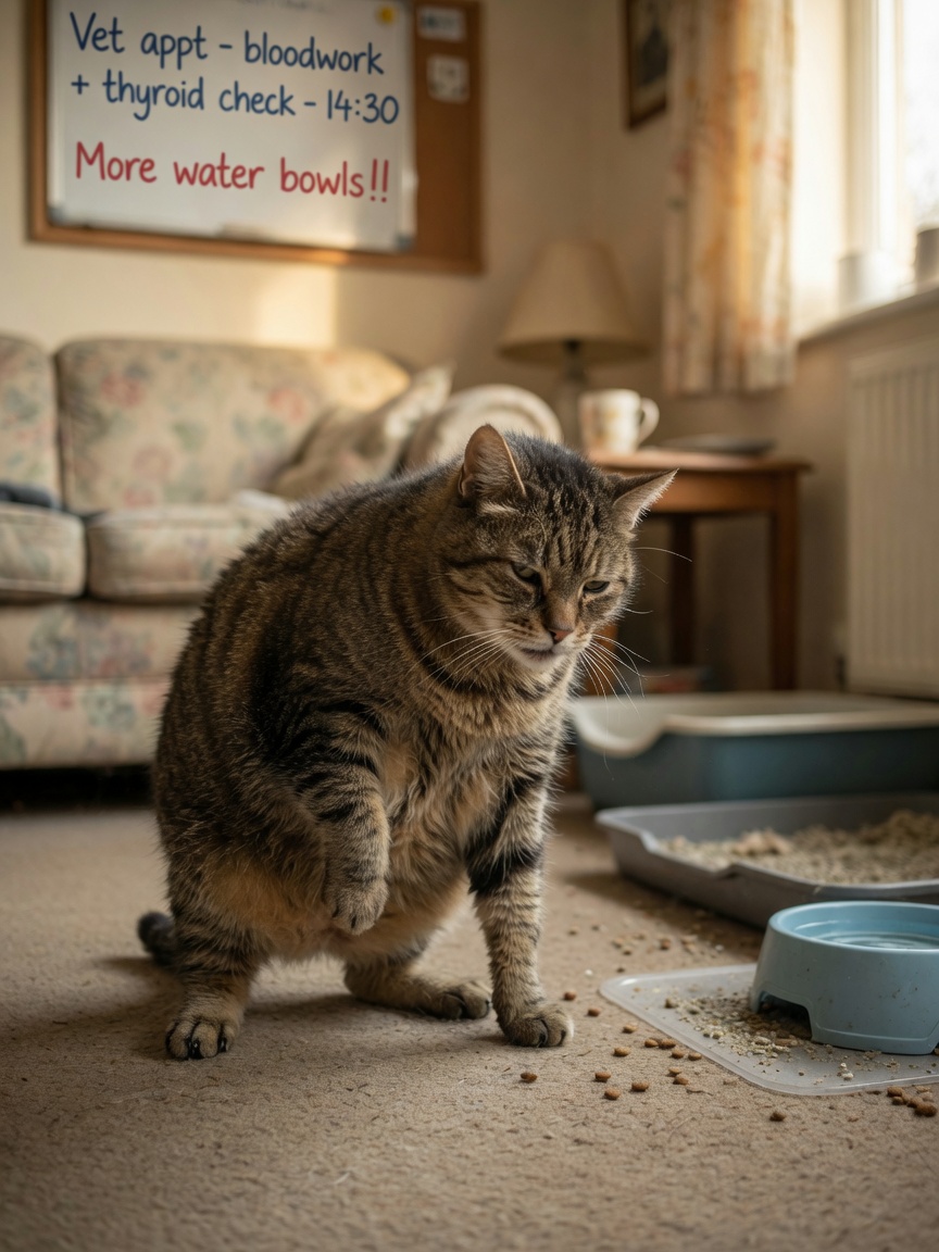 A diabetic tabby cat displaying plantigrade stance with flat-footed posture, dull coat, and lethargic expression in a home setting with water bowl visible