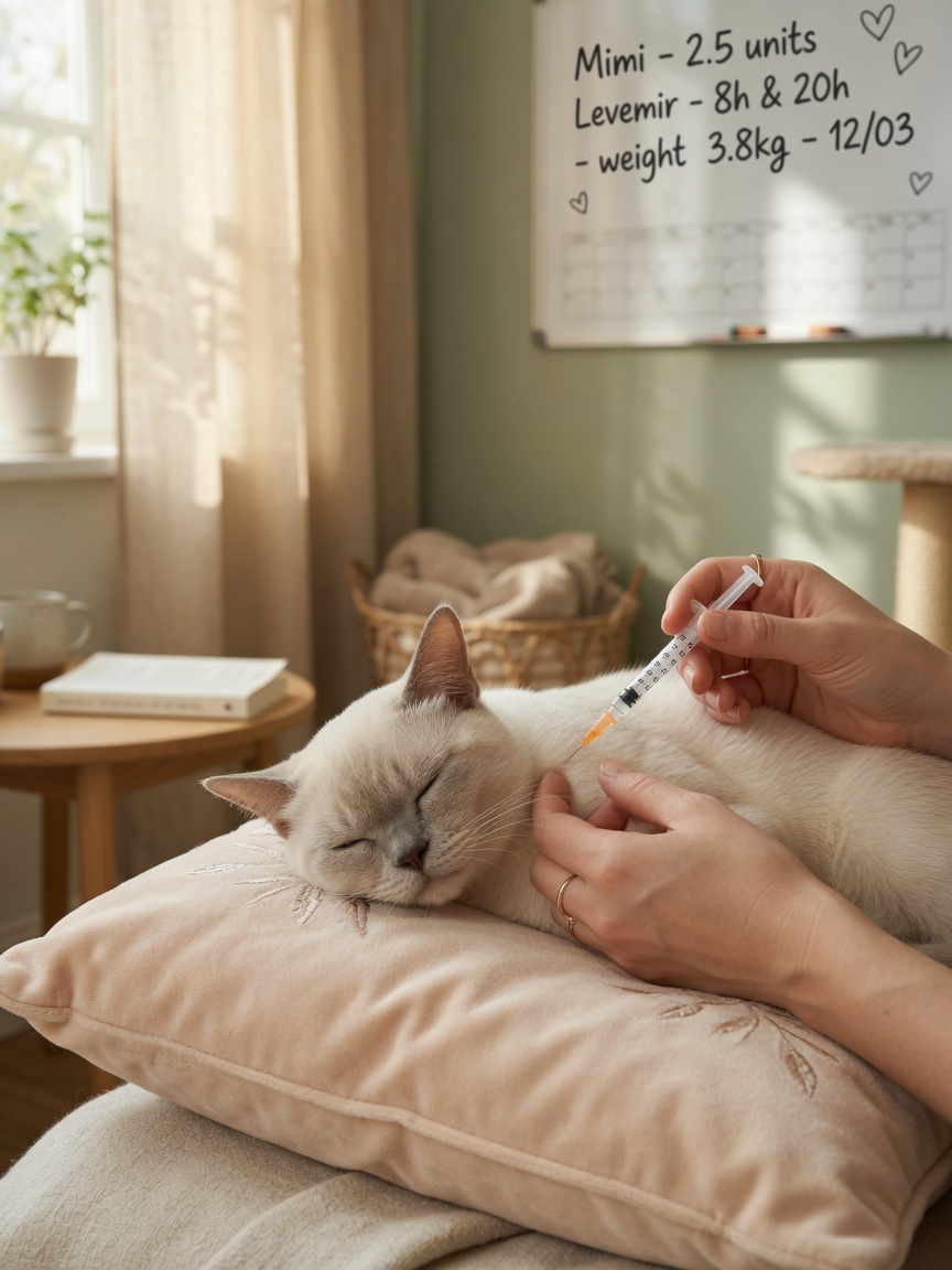 Owner administering insulin injection to a relaxed Burmese cat at home with warm natural lighting, showing routine diabetic care management