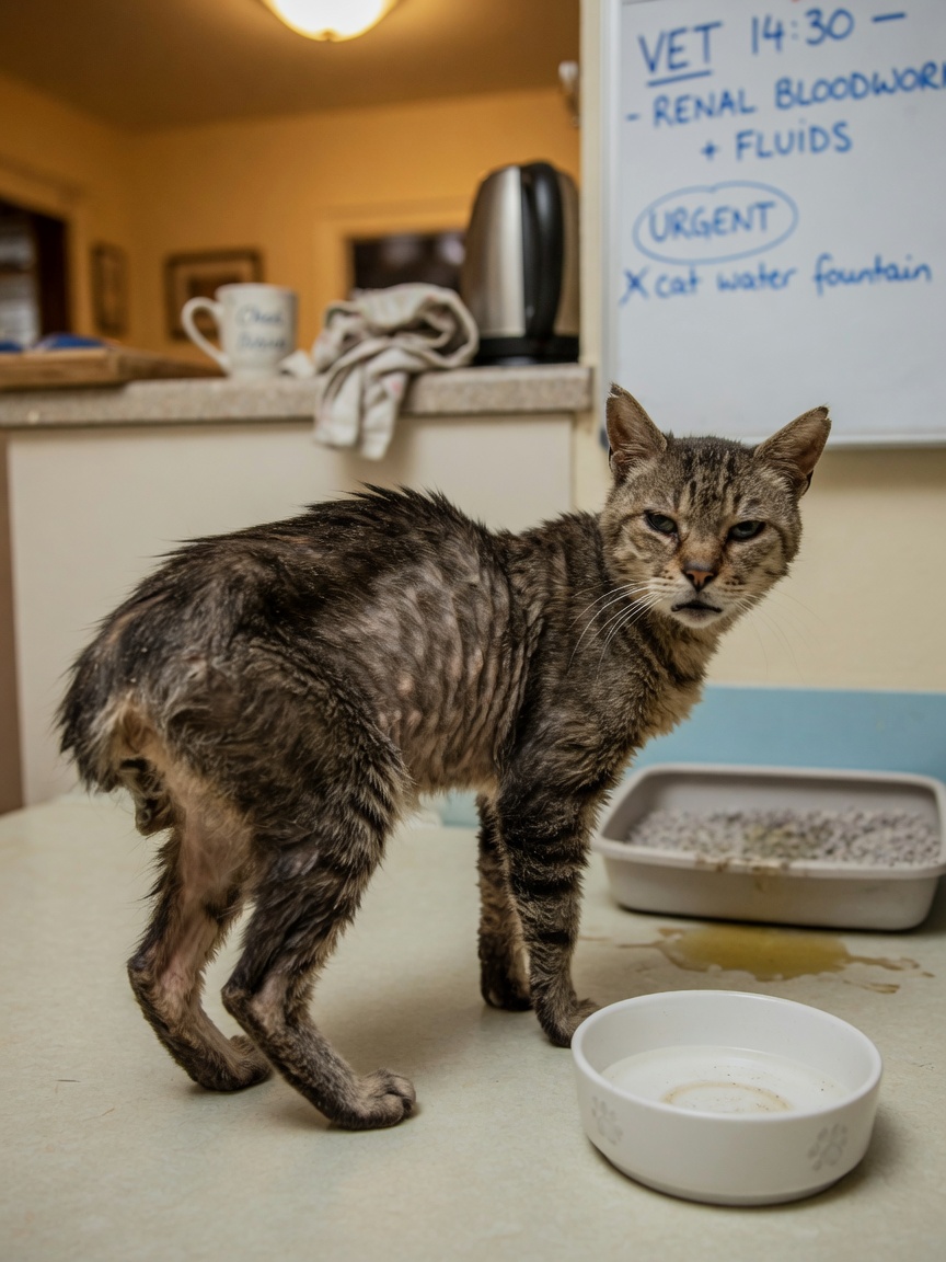 Diabetic cat showing signs of weight loss and excessive thirst