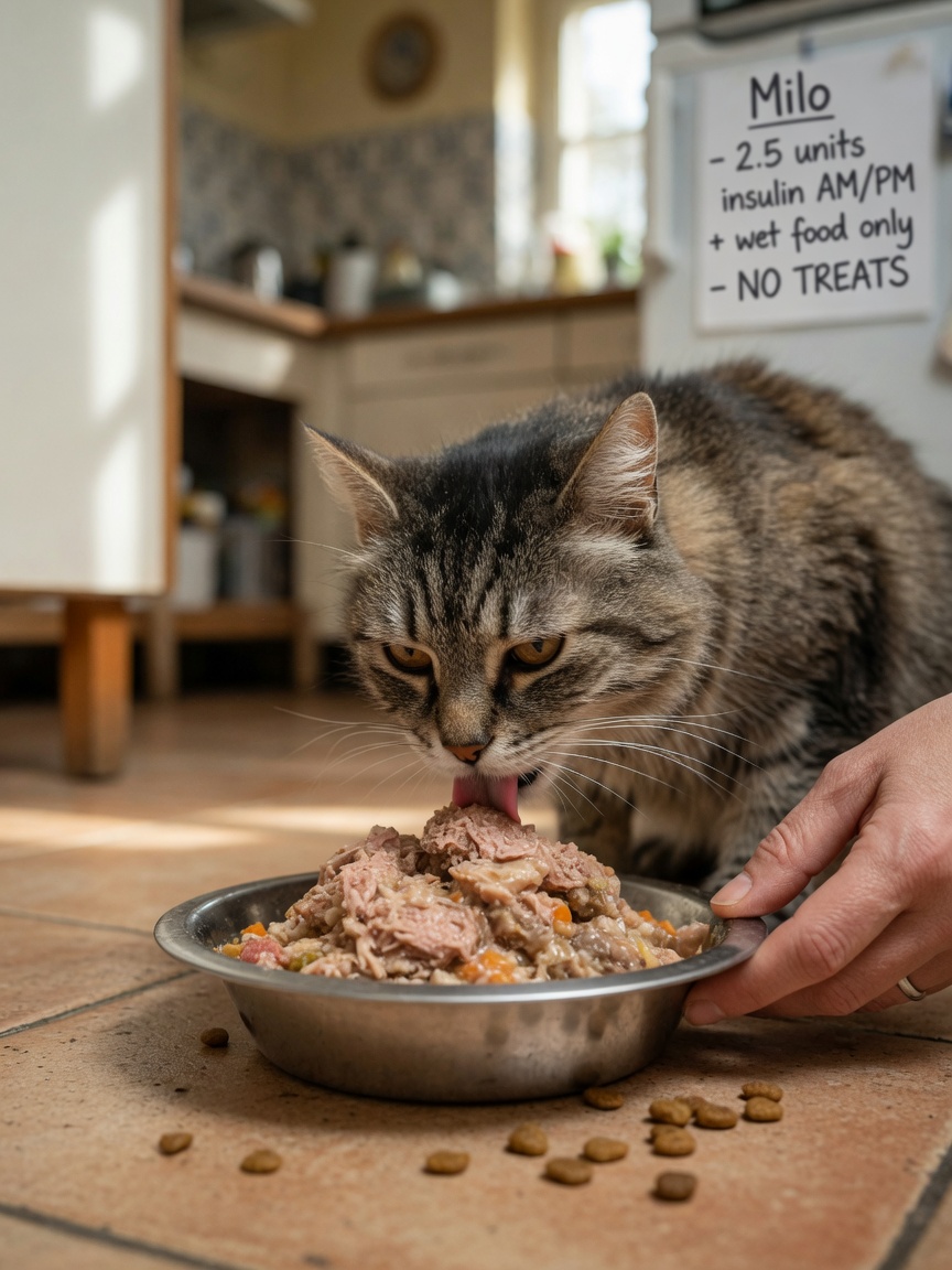 Diabetic cat eating low-carbohydrate wet food as part of diabetes management