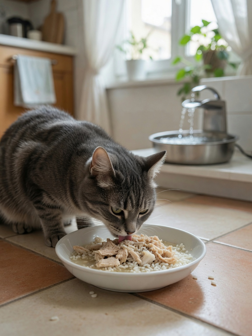 Cat eating plain boiled chicken and rice bland diet from bowl during home diarrhoea recovery