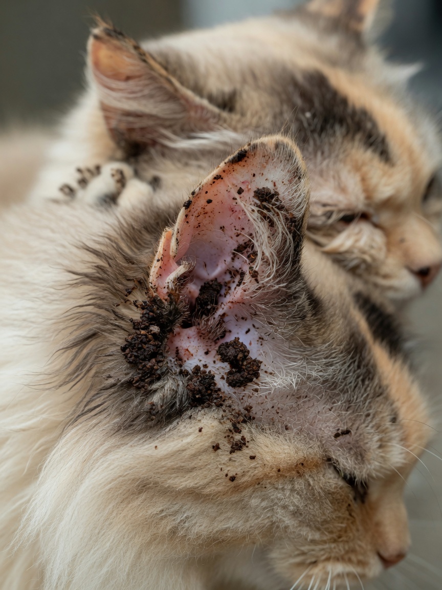 Close-up of a cat's ear showing dark coffee-ground-like discharge from ear mite infestation