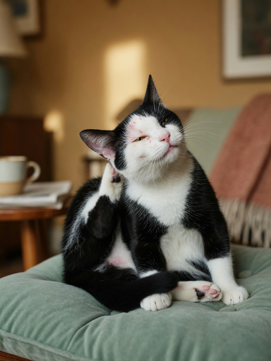 Tuxedo cat scratching its ear vigorously with hind leg, showing signs of ear infection discomfort