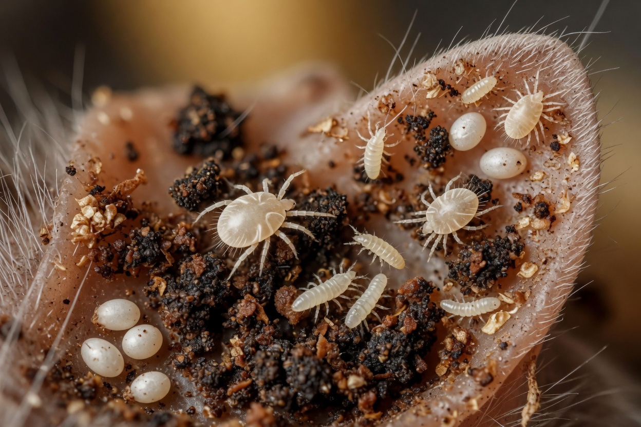 Magnified illustration of ear mites in different life stages including eggs, larvae, nymphs, and adults on cat ear debris
