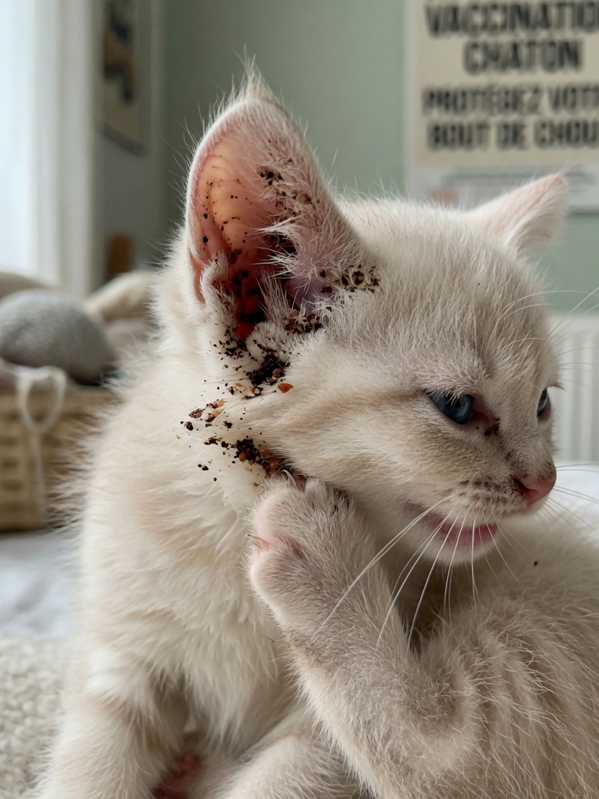 Kitten scratching at ear affected by ear mites, showing characteristic dark discharge