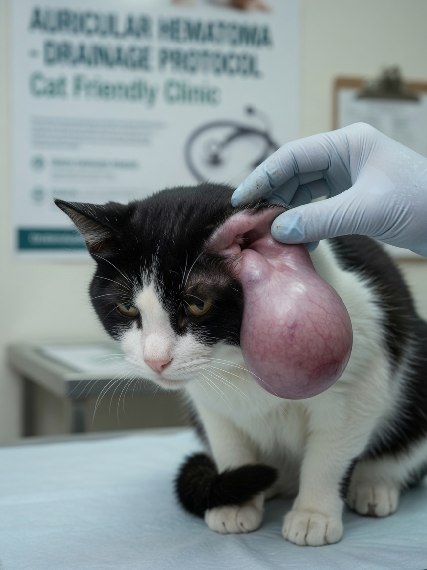 Veterinarian examining a cat's swollen ear flap affected by auricular haematoma
