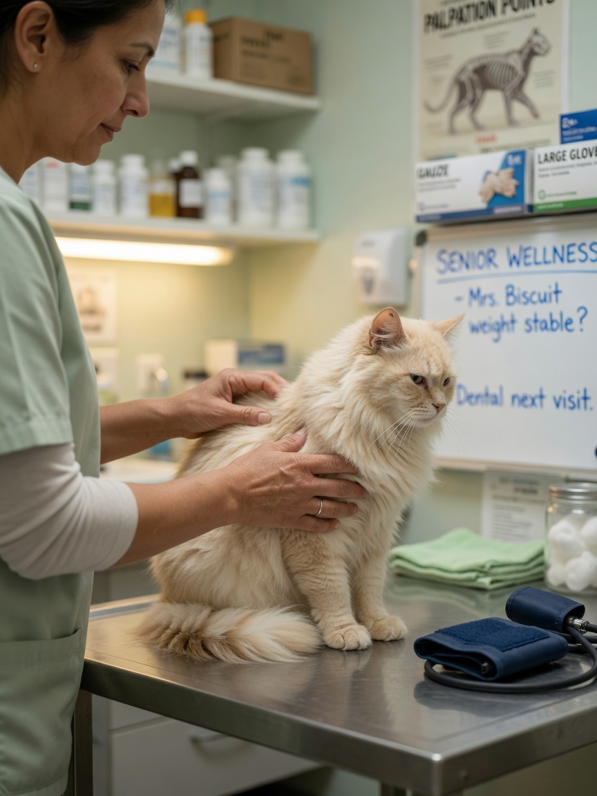 Veterinarian examining a senior cat on examination table for kidney disease diagnosis