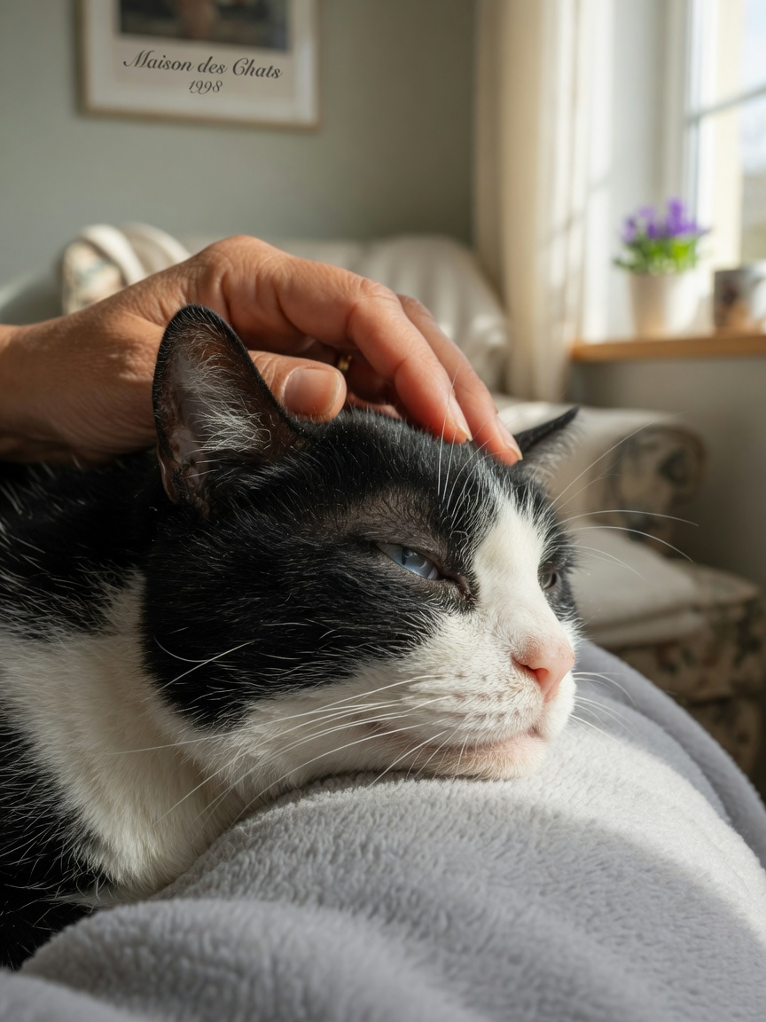 Senior cat resting peacefully on soft blanket with owner's gentle hand, depicting compassionate care