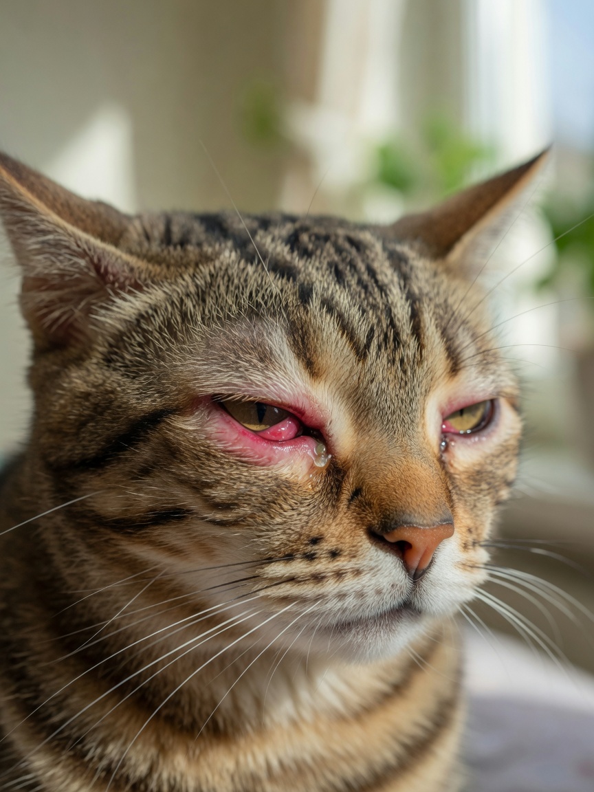 Close-up of a cat's eye showing redness, swelling, and discharge characteristic of conjunctivitis