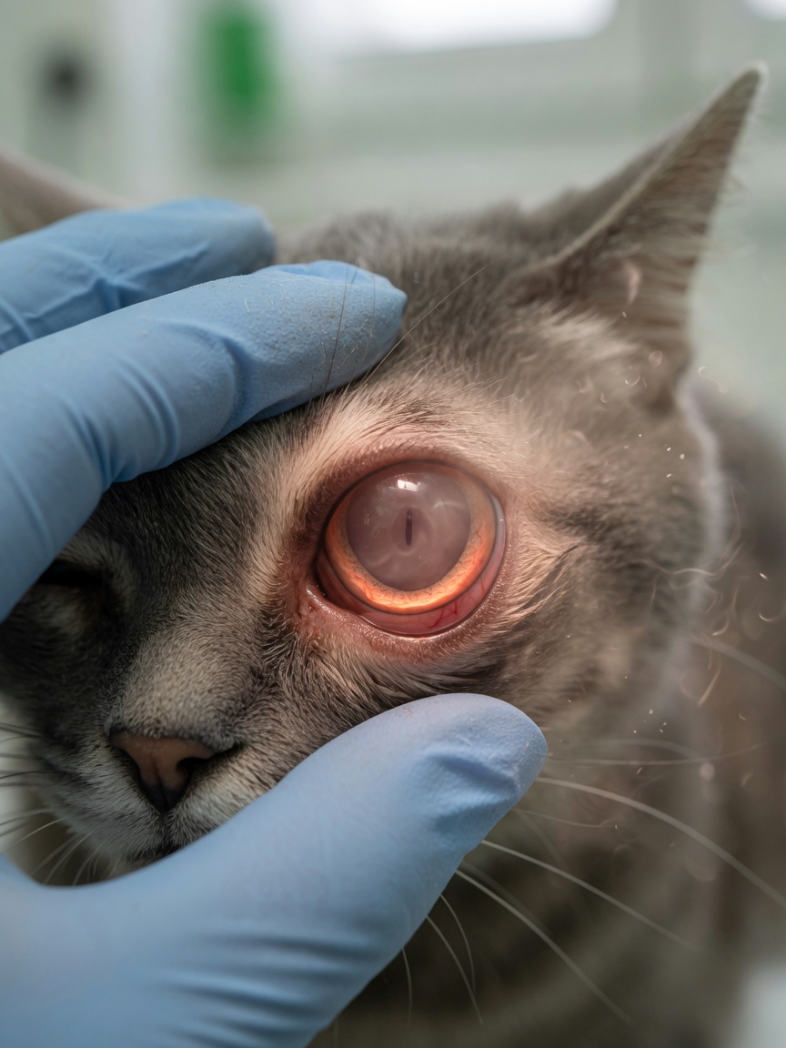 Veterinary examination of a cat's eye showing uveitis with constricted pupil and interior inflammation