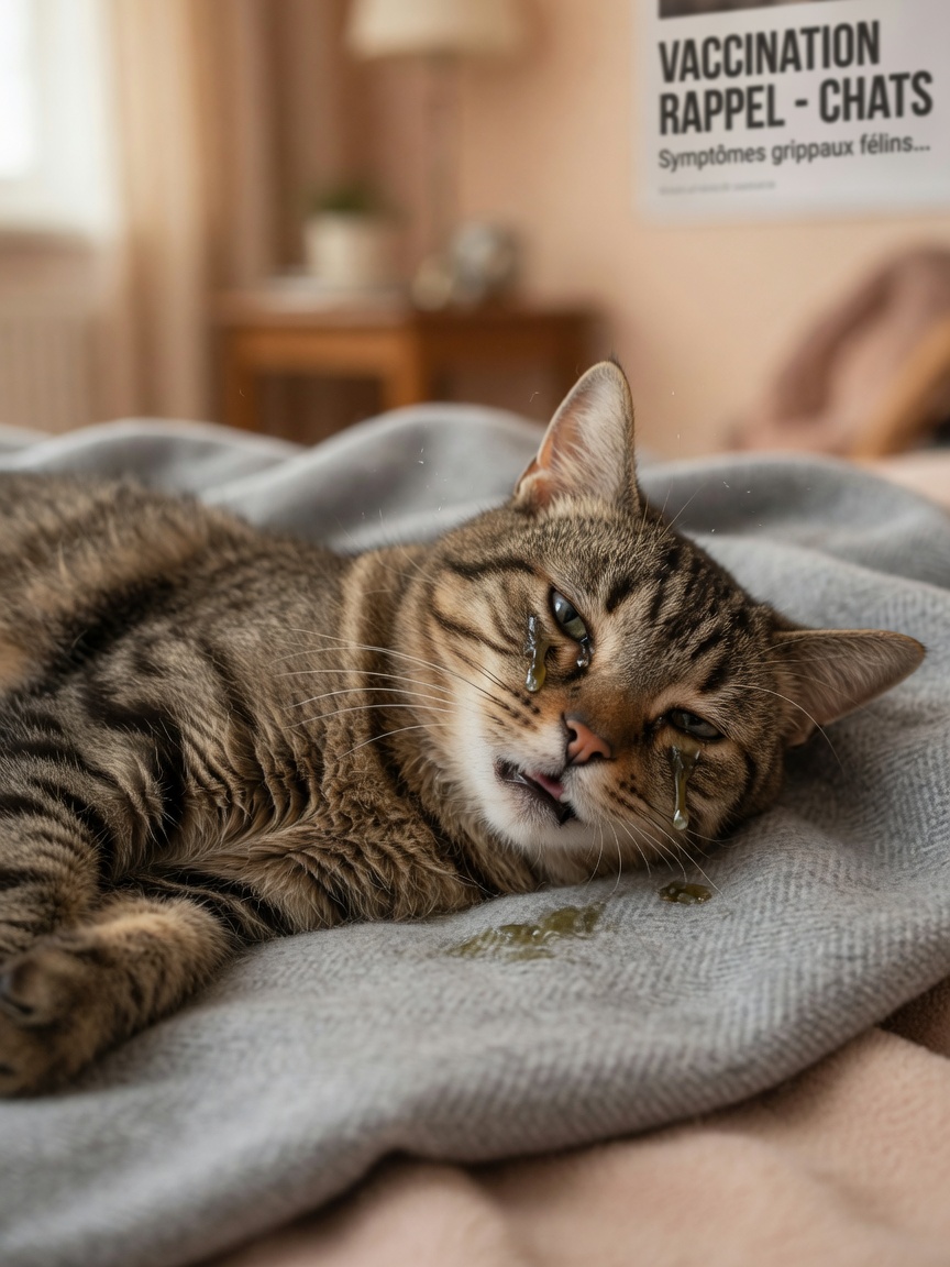 Unwell tabby cat with watery discharge from both eyes lying on blanket, showing signs of upper respiratory infection