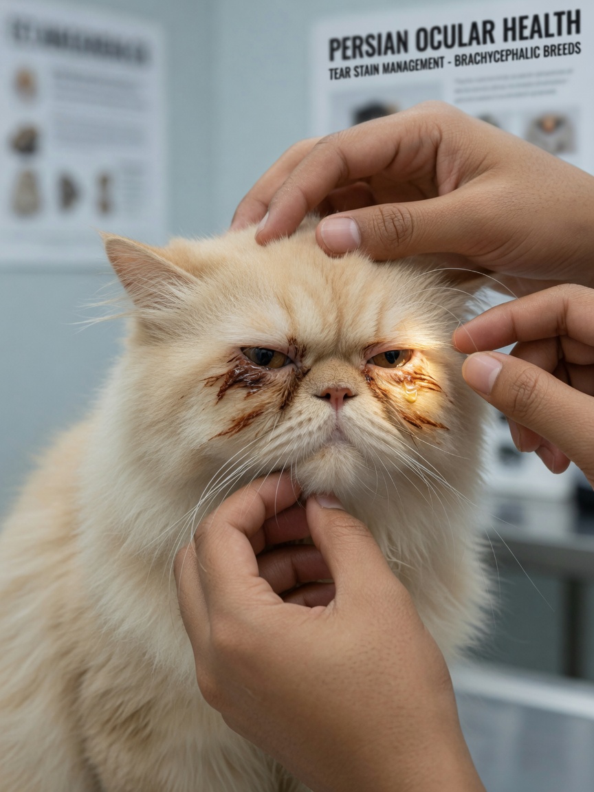 Veterinarian examining Persian cat's eye with visible reddish-brown tear staining on white fur characteristic of epiphora
