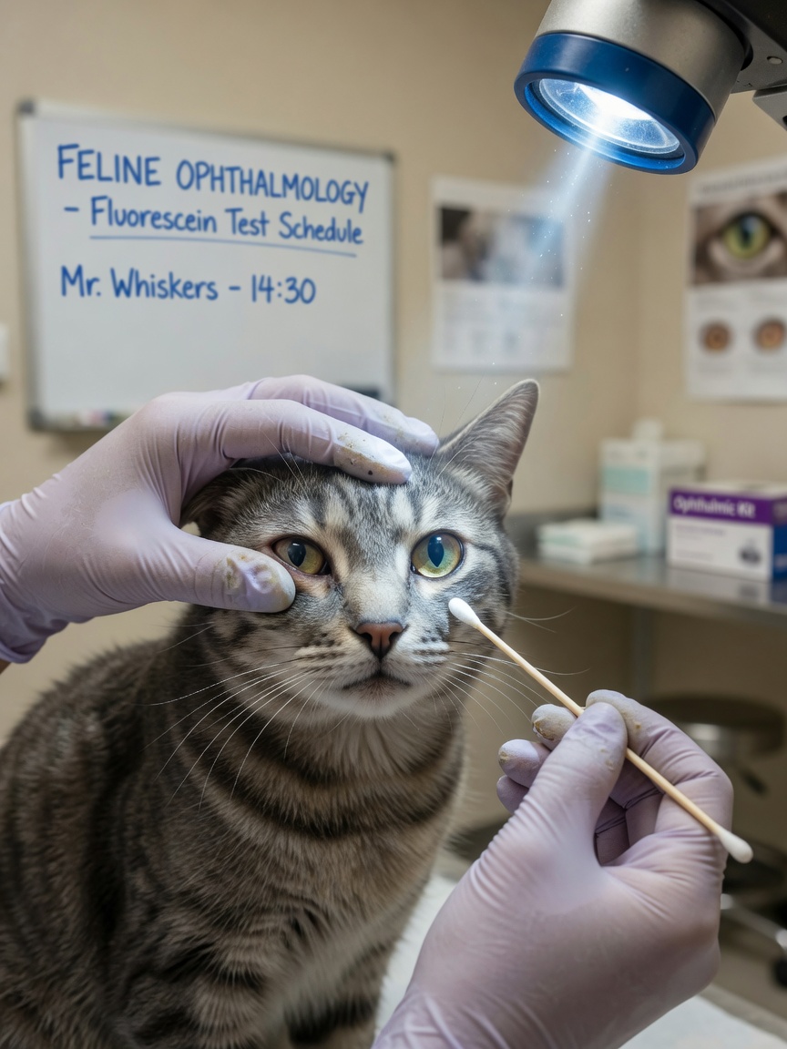 Veterinarian examining a cat's eye with specialized lighting equipment during a clinical examination