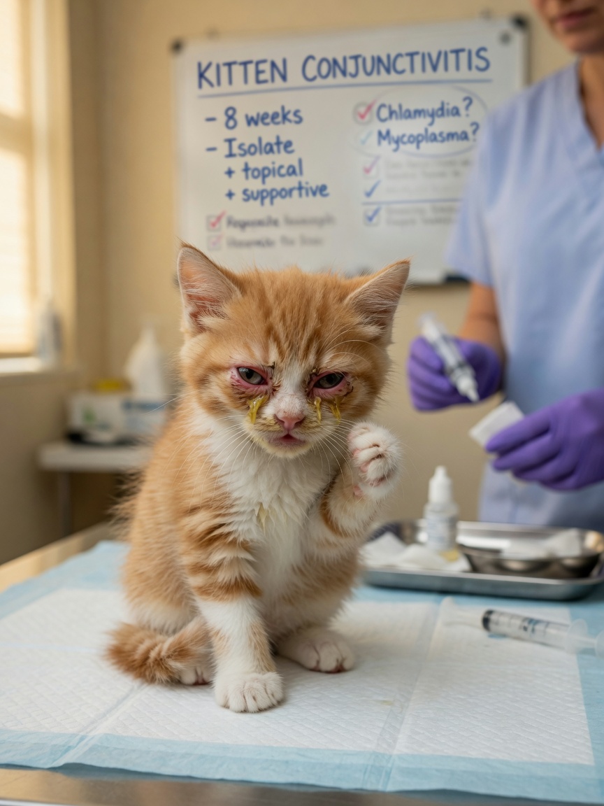 Young kitten with bilateral eye discharge and conjunctival inflammation characteristic of Chlamydophila infection