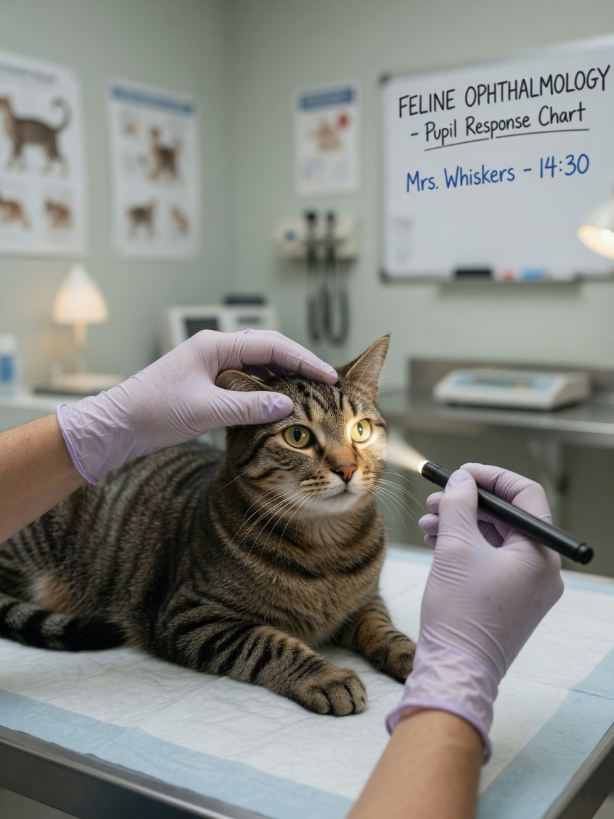 Veterinarian examining a cat's eye with a penlight to assess pupil response and overall eye health
