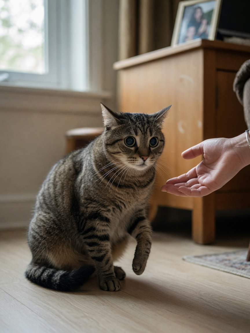 A disoriented cat with dilated pupils showing signs of sudden vision loss, appearing confused near household furniture