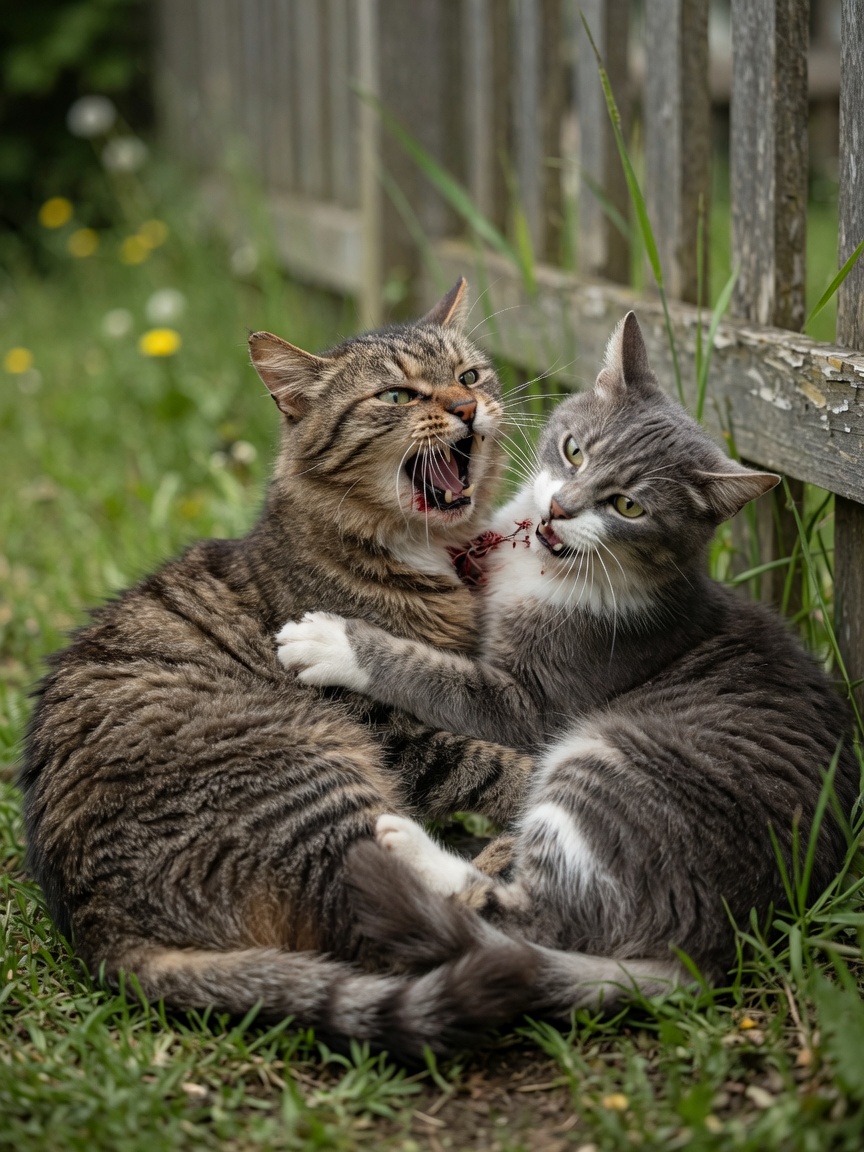 Dois gatos machos a lutar no exterior com feridas de mordida visíveis demonstrando transmissão de FIV através de feridas de punctura profundas