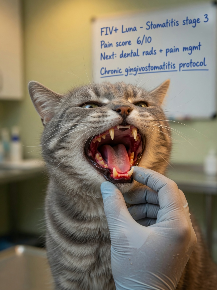 Primeiro plano das gengivas inflamadas de um gato positivo para FIV e boca mostrando gengivite severa e estomatite com exame veterinário