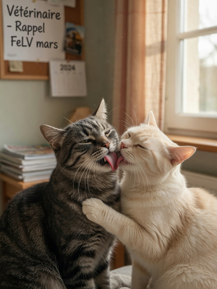 Two cats grooming each other, demonstrating mutual grooming as a transmission route for FeLV