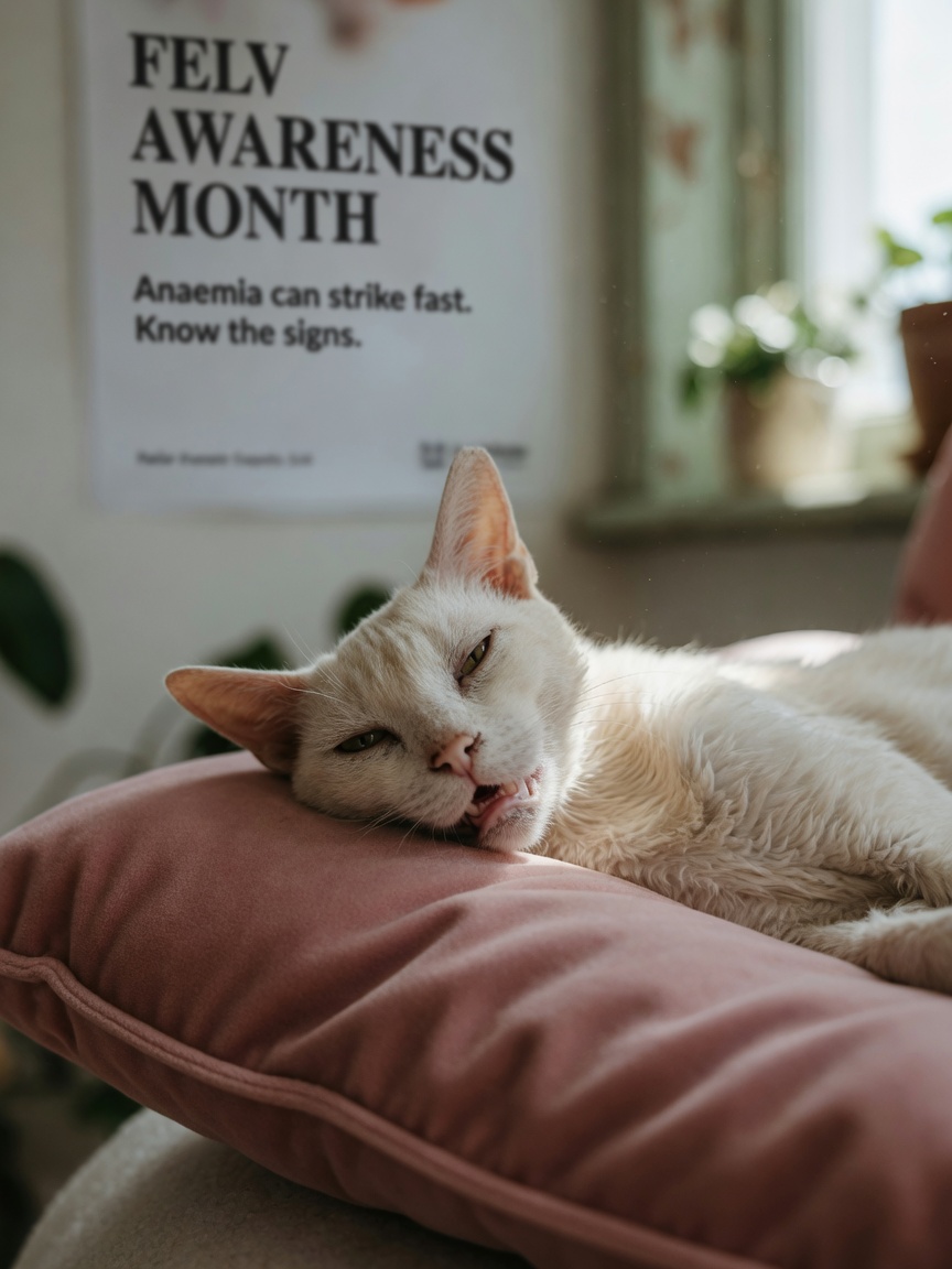 Pale, lethargic cat showing signs of anaemia and weakness from FeLV infection