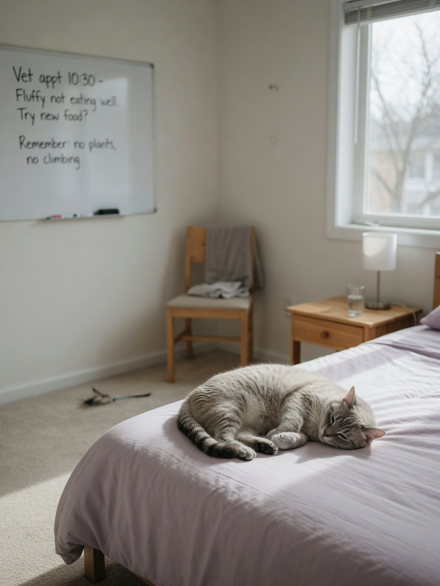 An indoor cat resting near a window in a simple room, illustrating the understimulating environment that can trigger feline idiopathic cystitis