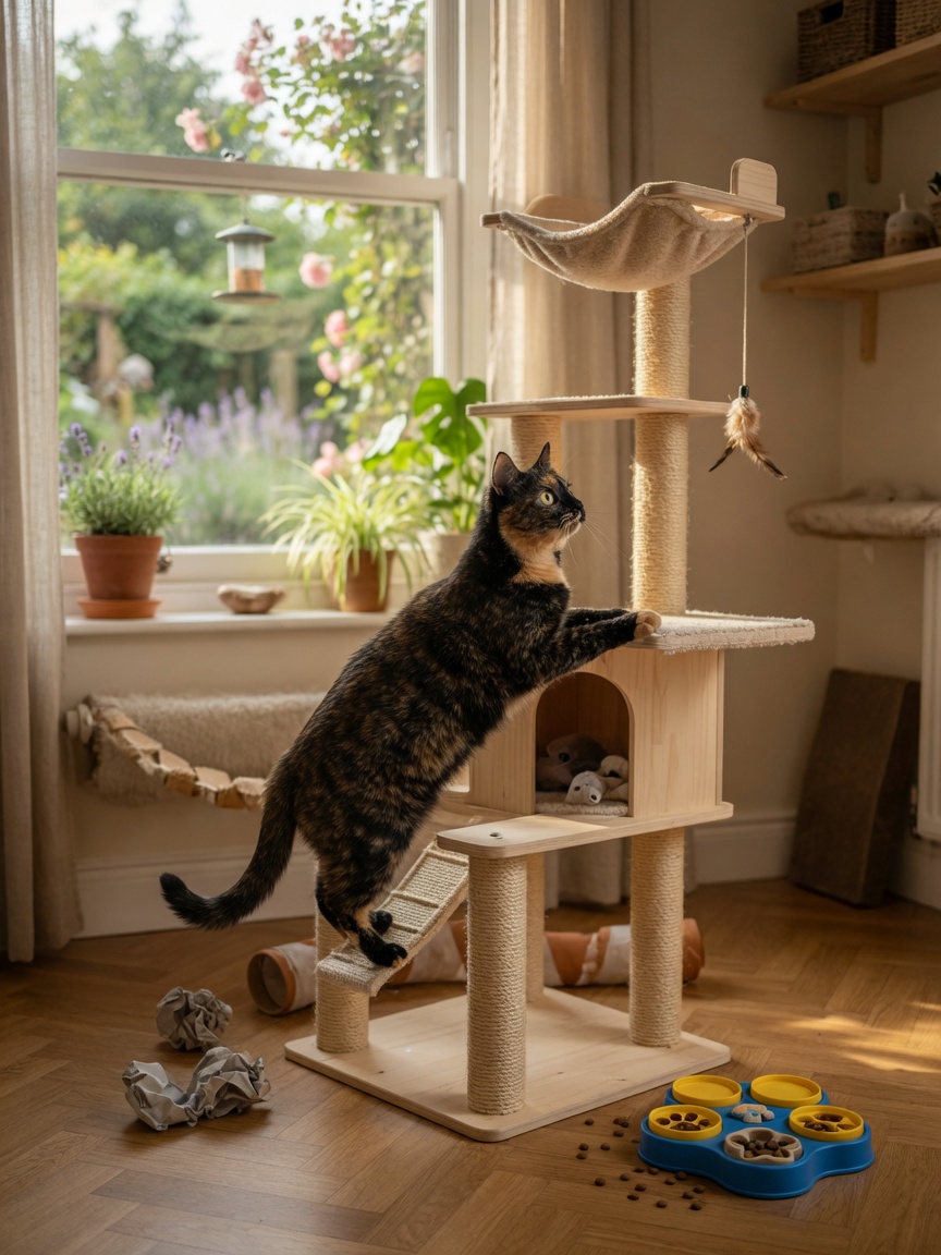 An indoor cat climbing on a cat tree with enrichment toys visible, demonstrating environmental enrichment strategies to prevent urinary tract disease