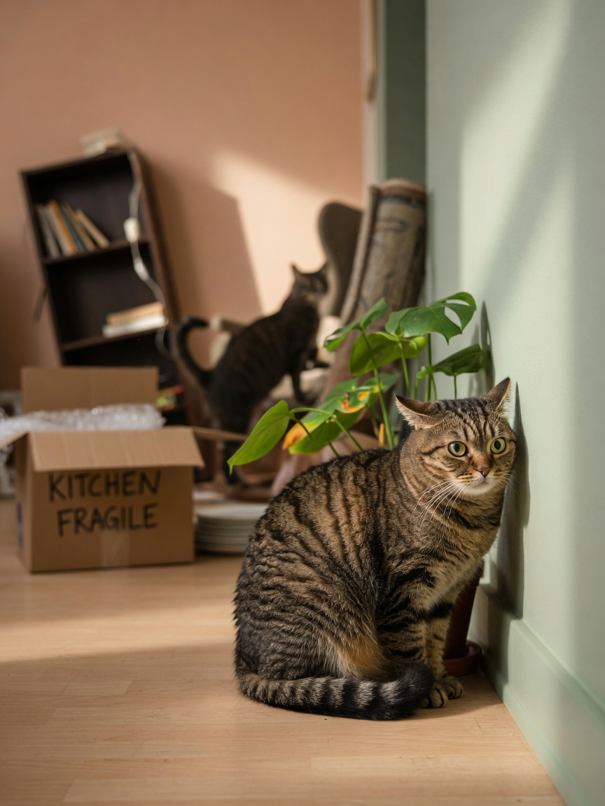 Stressed cat huddled in corner with environmental stressors visible in background including moving box