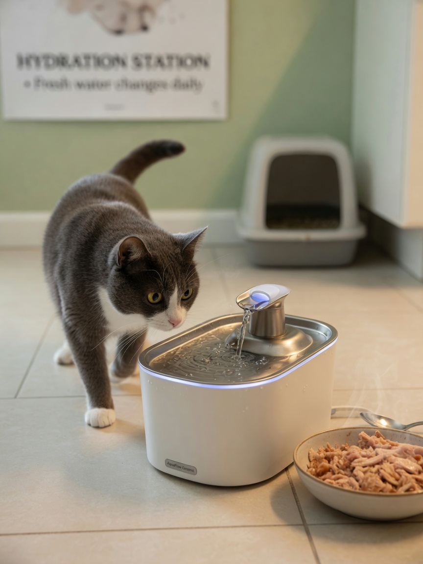 Cat approaching water fountain with flowing water, wet food bowl nearby, positioned away from litter tray