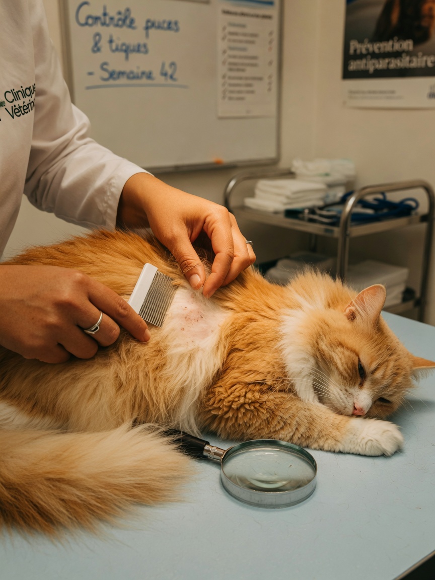 Veterinário a examinar o pelage e pele de um gato durante uma verificação de infestação de pulgas