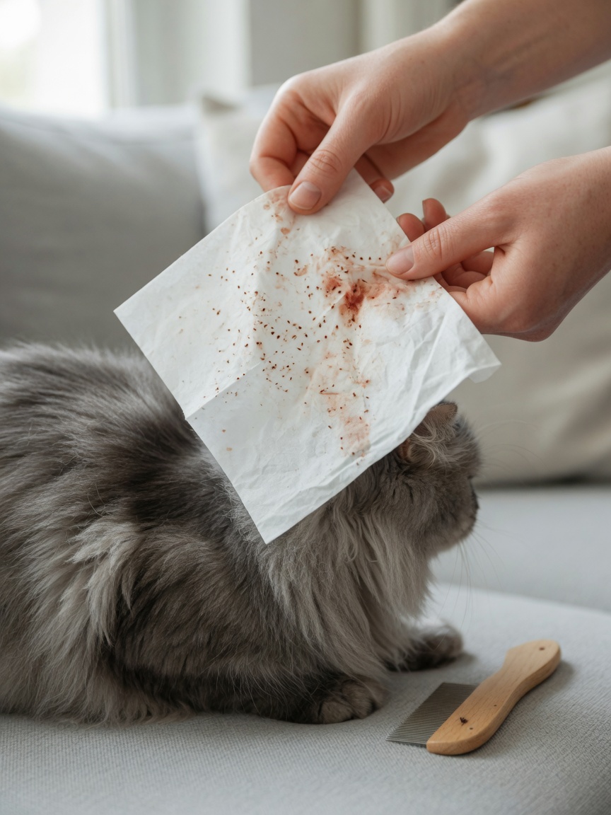 Close-up of flea dirt test showing reddish-brown specks on white tissue paper held above a grey cat's back with flea comb nearby