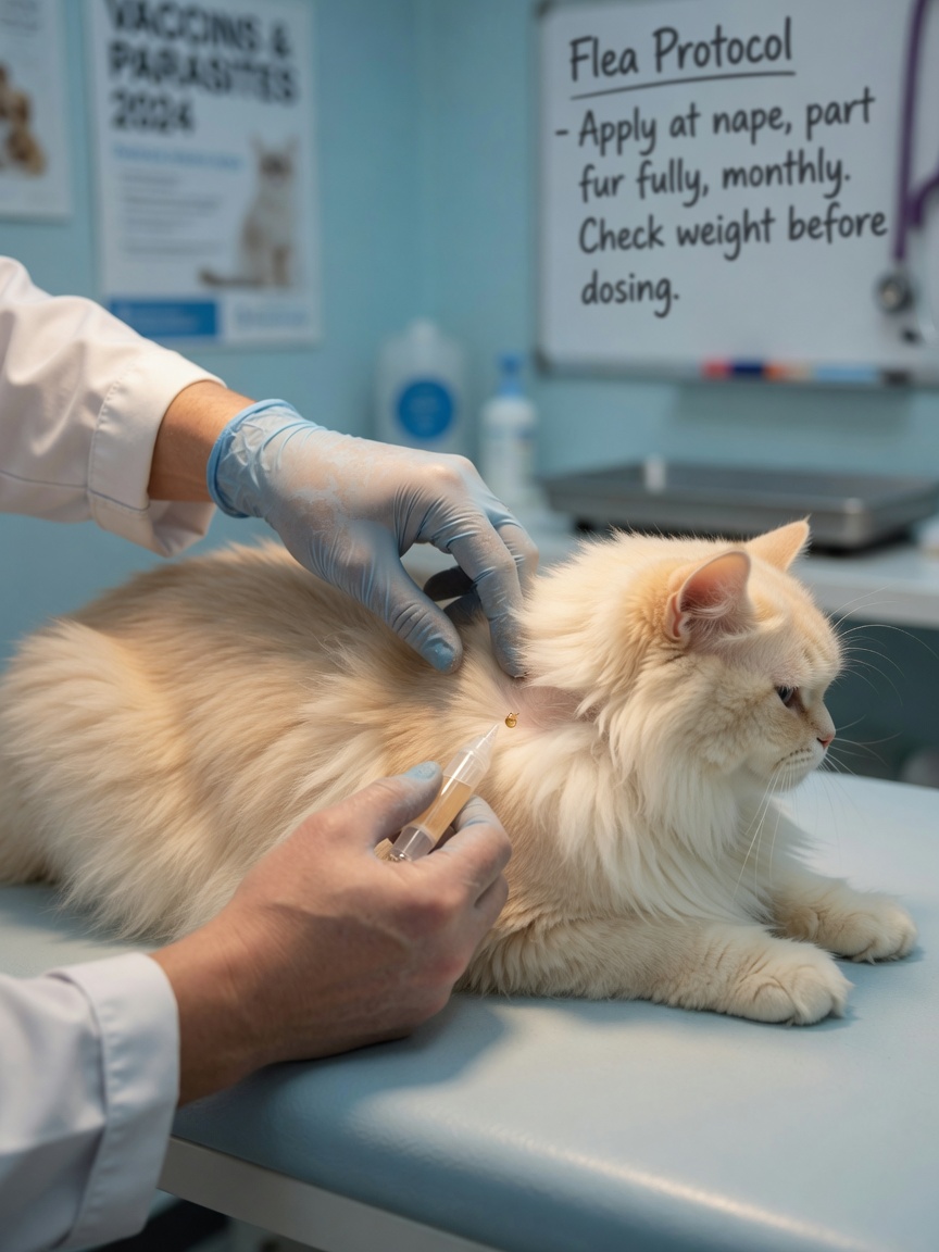 Veterinarian applying spot-on flea treatment to the back of a cream-coloured cat's neck during professional examination