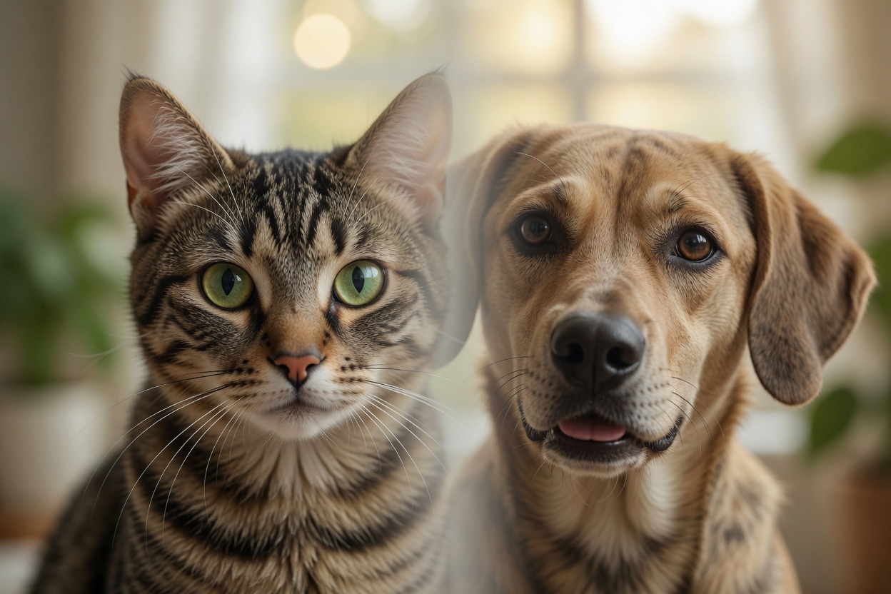 Close-up comparison of a cat's face and a dog's face showing their different facial structures and biological features