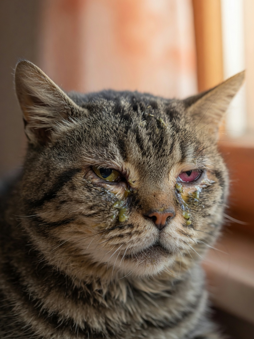 Close-up of sick cat showing respiratory symptoms including eye discharge, nasal discharge, and weary expression