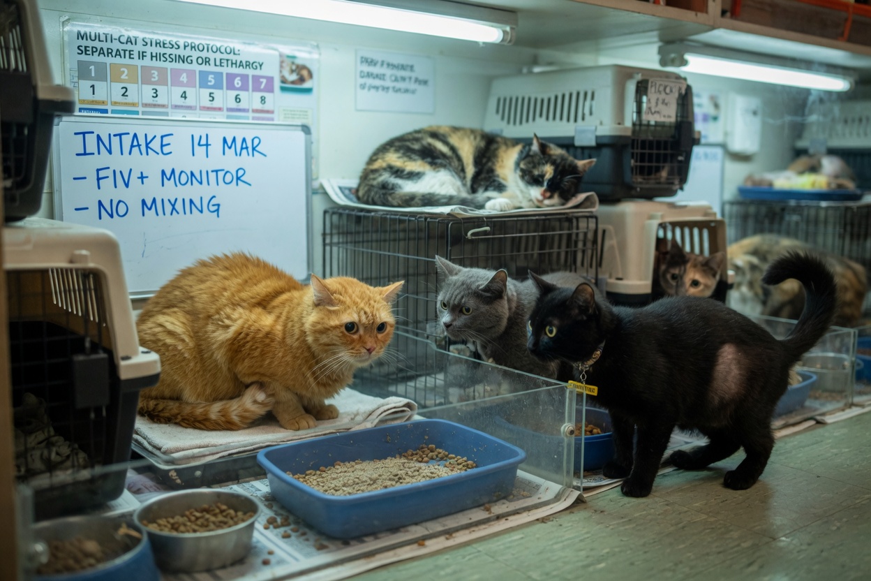 Multiple cats in close quarters within a rescue shelter showing stressed body language and crowded housing conditions