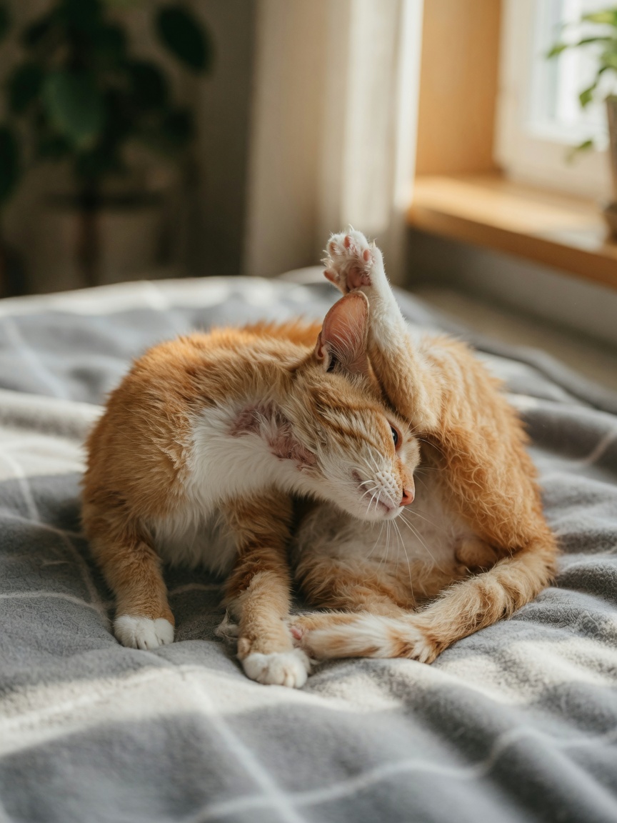 Ginger and white cat intensely scratching at its neck and face while lying on a soft blanket, showing signs of food allergy discomfort