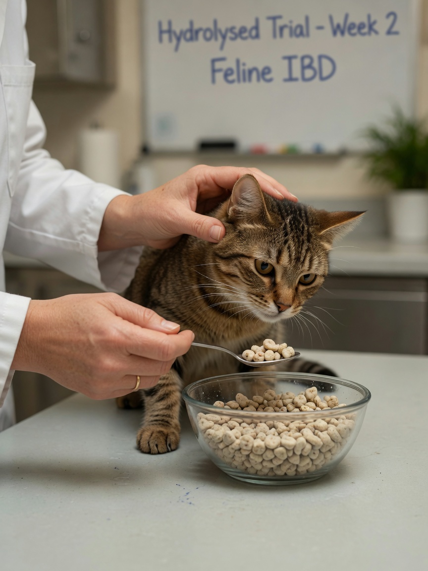 Veterinarian hand-feeding a tabby cat specialized hydrolysed diet food from a bowl during an elimination diet trial