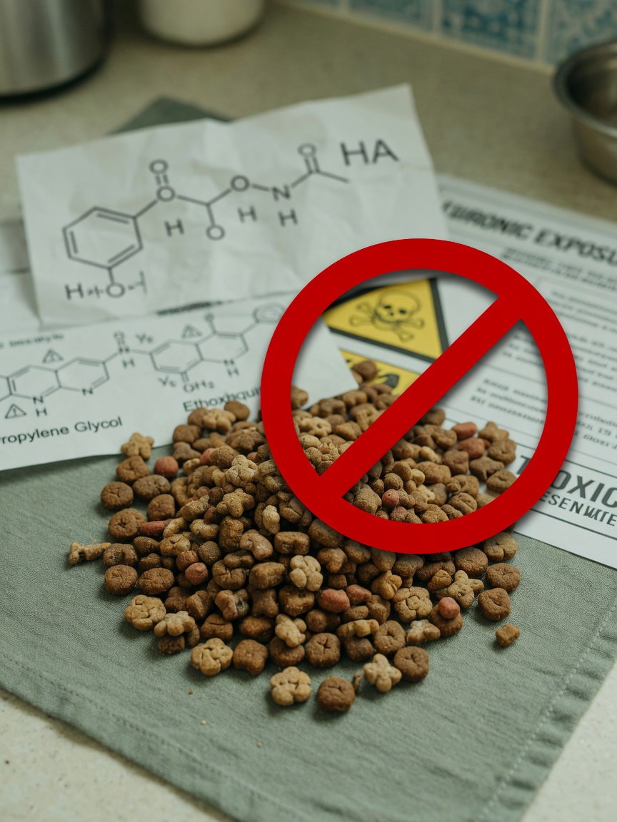 Close-up of cat kibble with warning symbol indicating synthetic preservative concerns