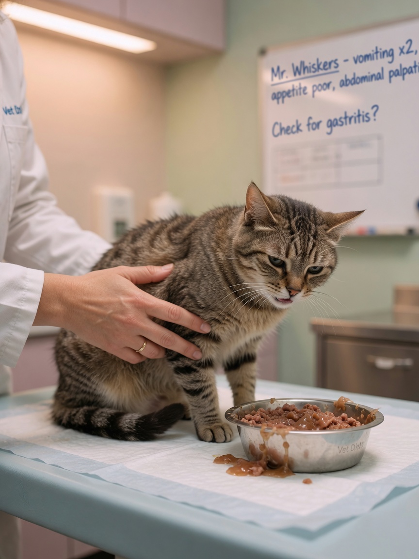 Cat showing signs of digestive discomfort near a bowl of wet food with carrageenan-based gel texture