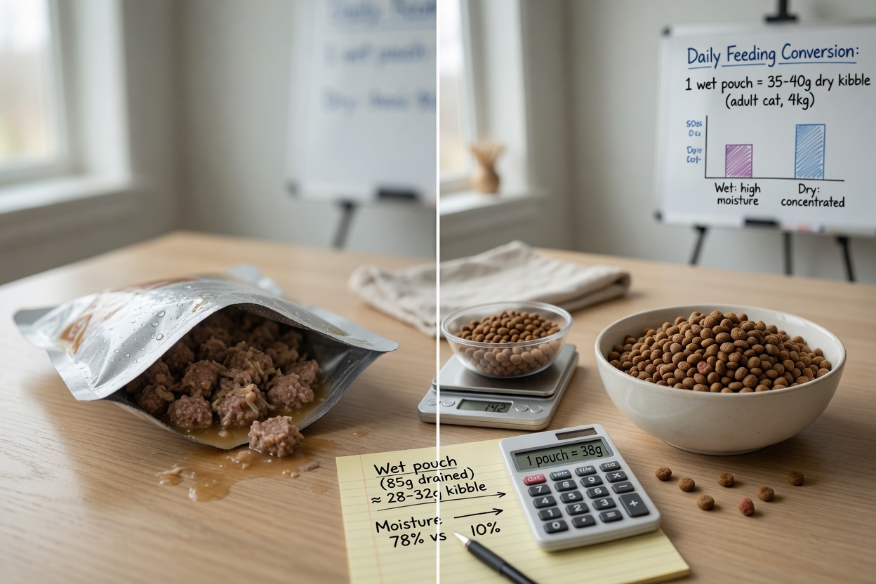 Wet and dry cat food side-by-side on kitchen table for nutritional comparison