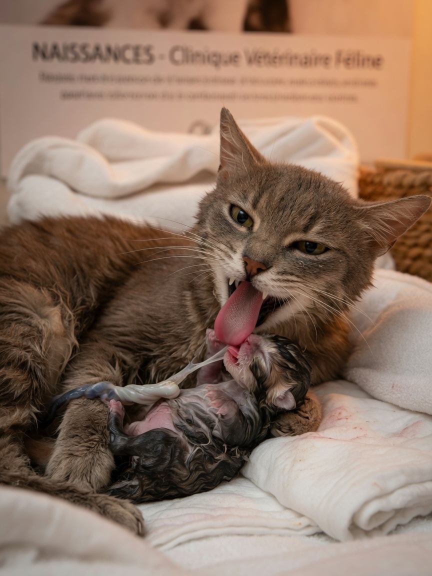 Gatta madre che rompe il sacco amniotico e lecca il gattino appena nato per stimolare la respirazione e la circolazione