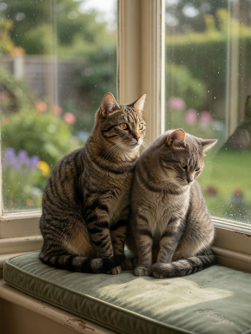 Two bonded tabby cats sitting together on a window seat, showing the quiet emotional connection between household companions