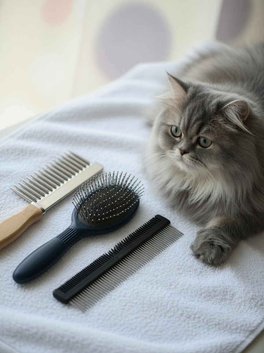 Grooming tools for long-haired cats including wide-toothed comb and slicker brush with Persian cat nearby